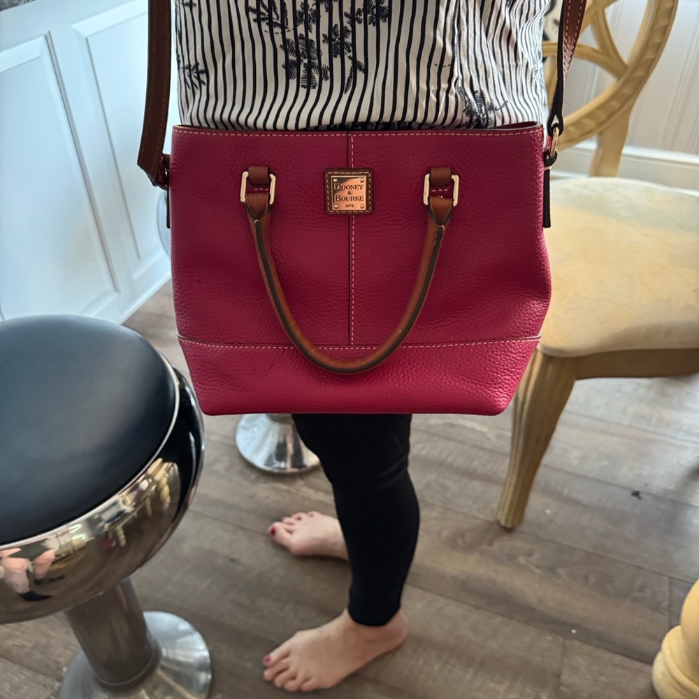 Dooney & Bourke Fuchsia Pebbled Leather Satchel with Brown Trim - Picture 4 of 5